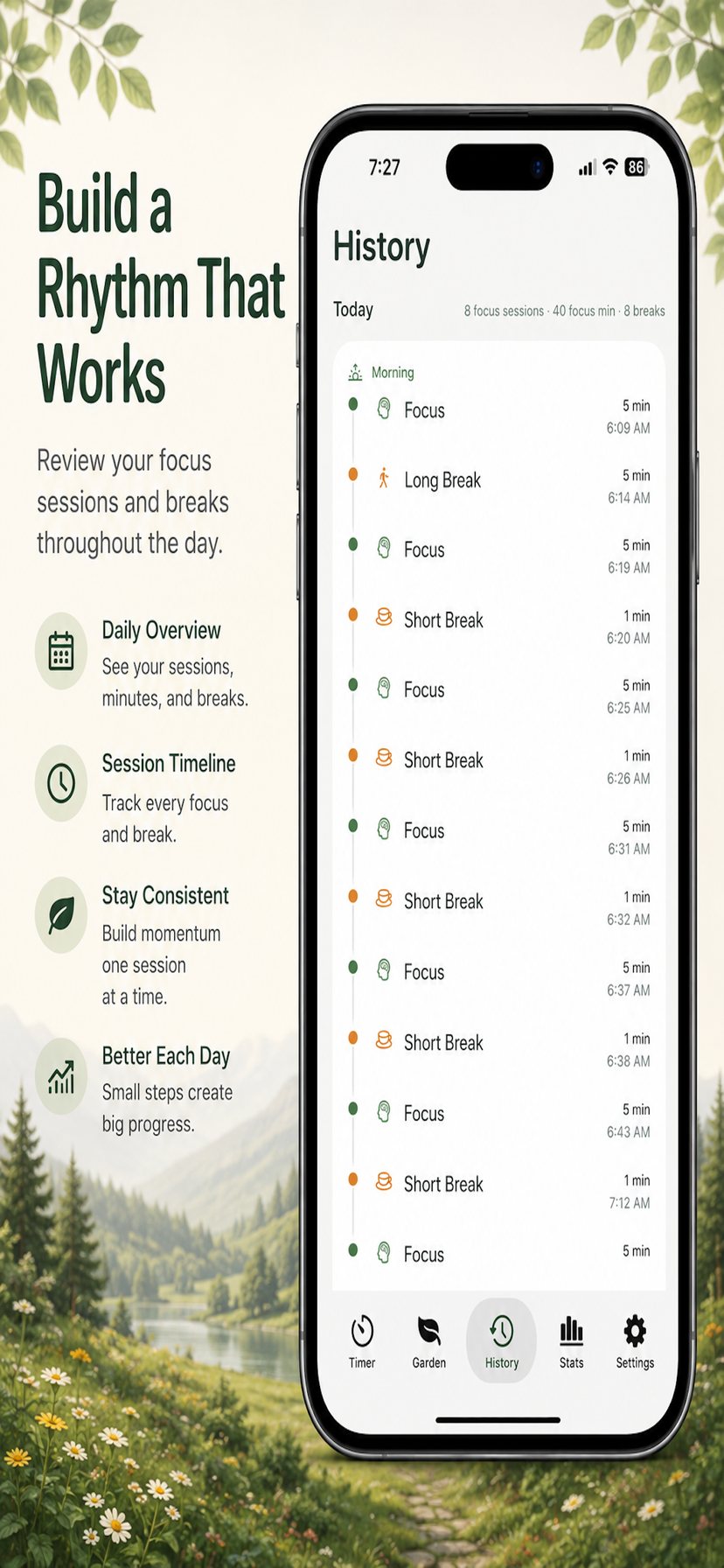 The History screen listing the day's focus sessions and breaks in a timeline with durations and times.